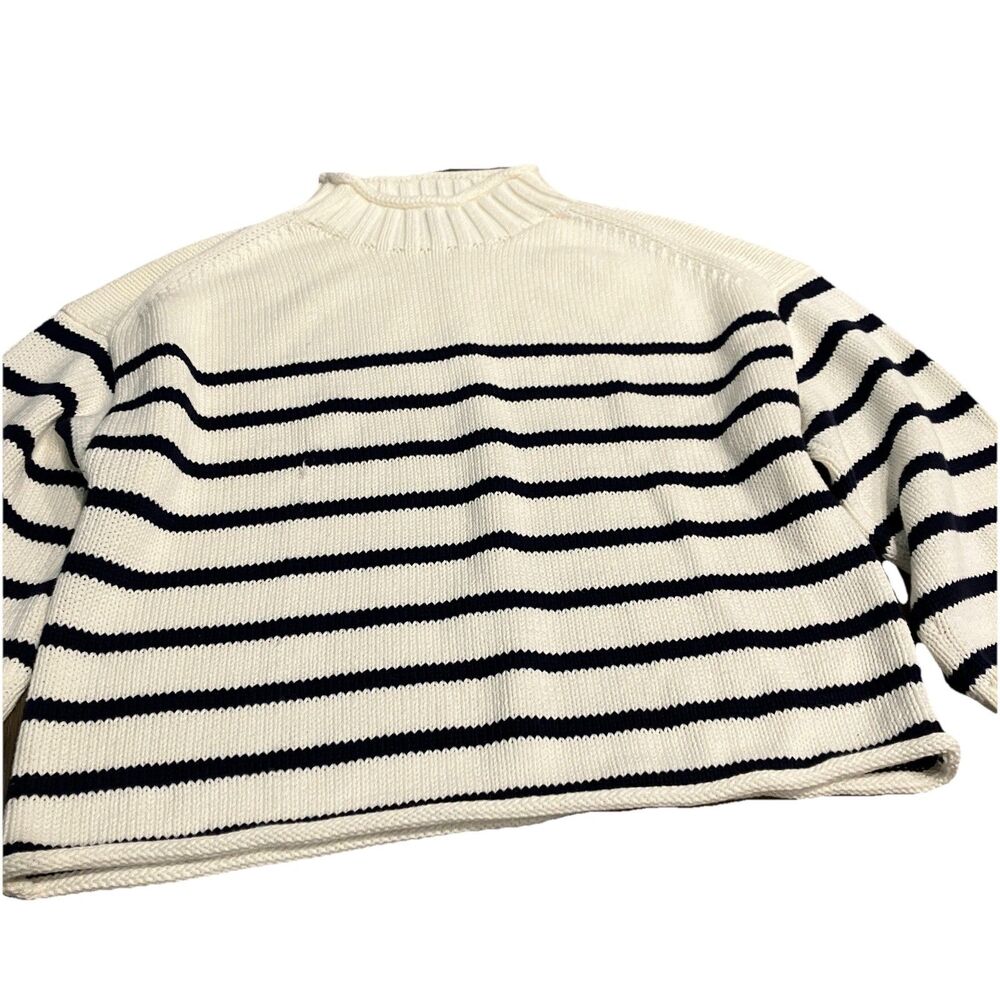 J.Crew 2025 Rollneck Sweater Womens L Ivory Navy Blue Striped Cotton Nautical - Picture 4 of 13